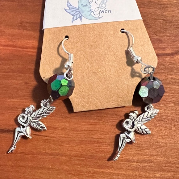 Black Acrylic Gem Like Beaded Earrings With Silver Fairy Charm - Picture 2 of 2